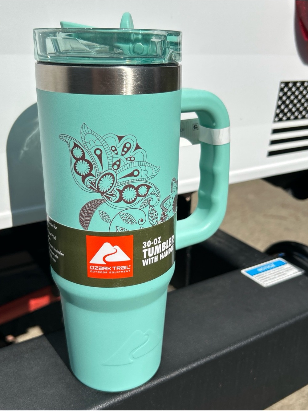 Ozark Trail Mint Green Insulated Tumbler with Handle and Floral Design